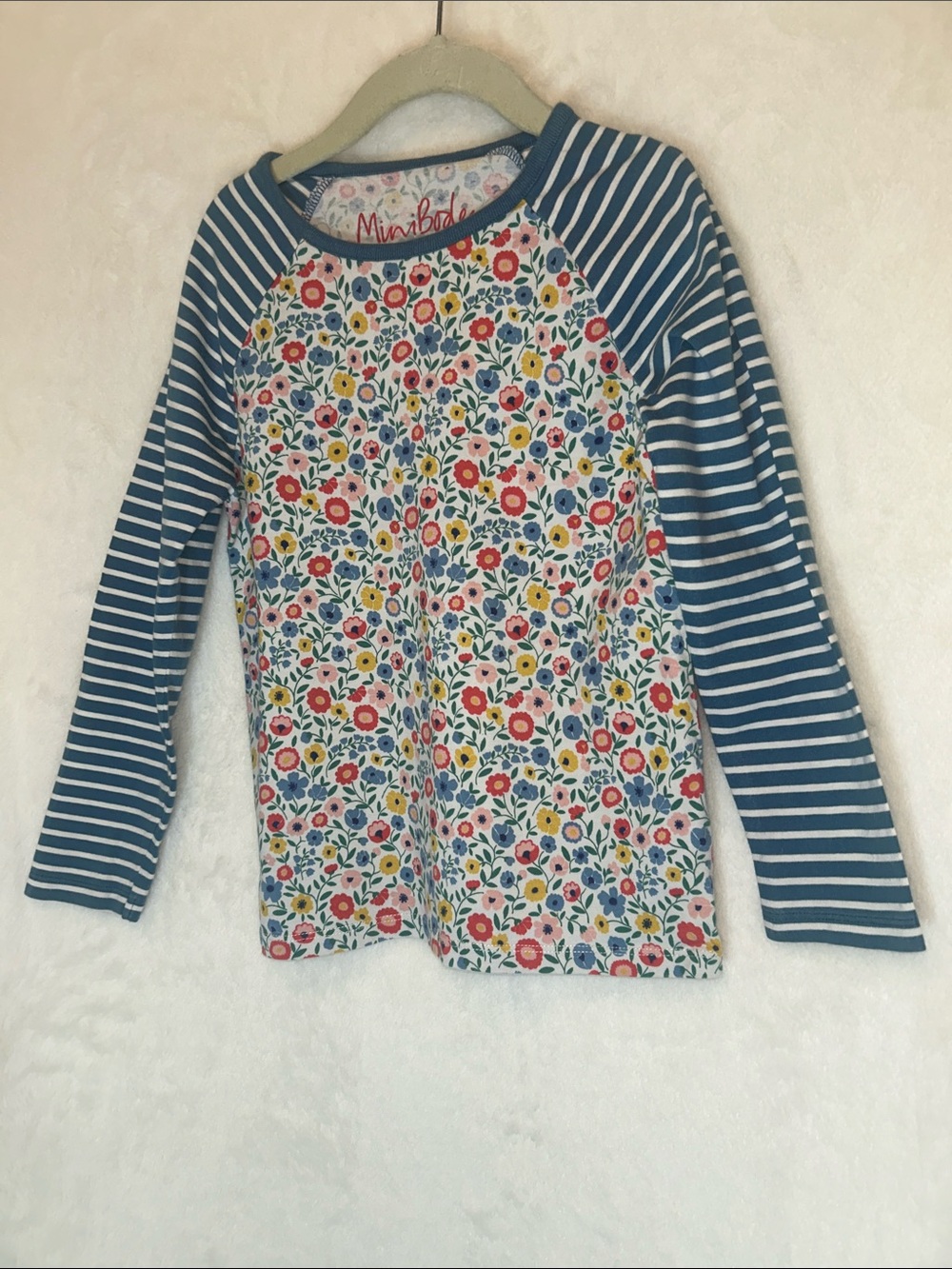 Mini Boden Blue Striped Raglan Top with Multicolor Floral Body